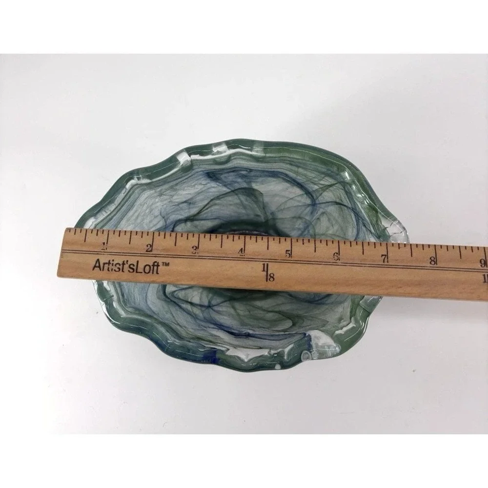 Murano Italy Hand Blown Art Glass Decorative Centerpiece Bowl Blue Green Wavy